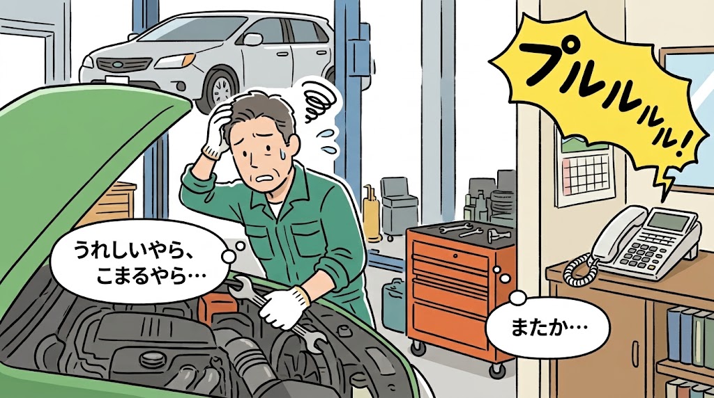 作業中に電話が鳴って困る整備士のイラスト