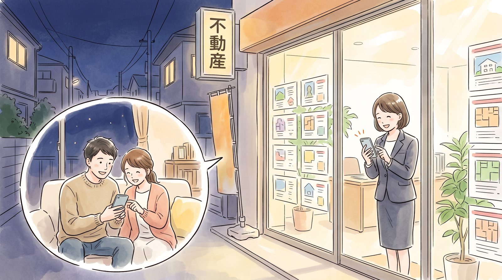 夜、自宅のソファでスマホから不動産会社に問い合わせる夫婦と、店内でスマホの通知を見て笑顔になるスタッフのイラスト